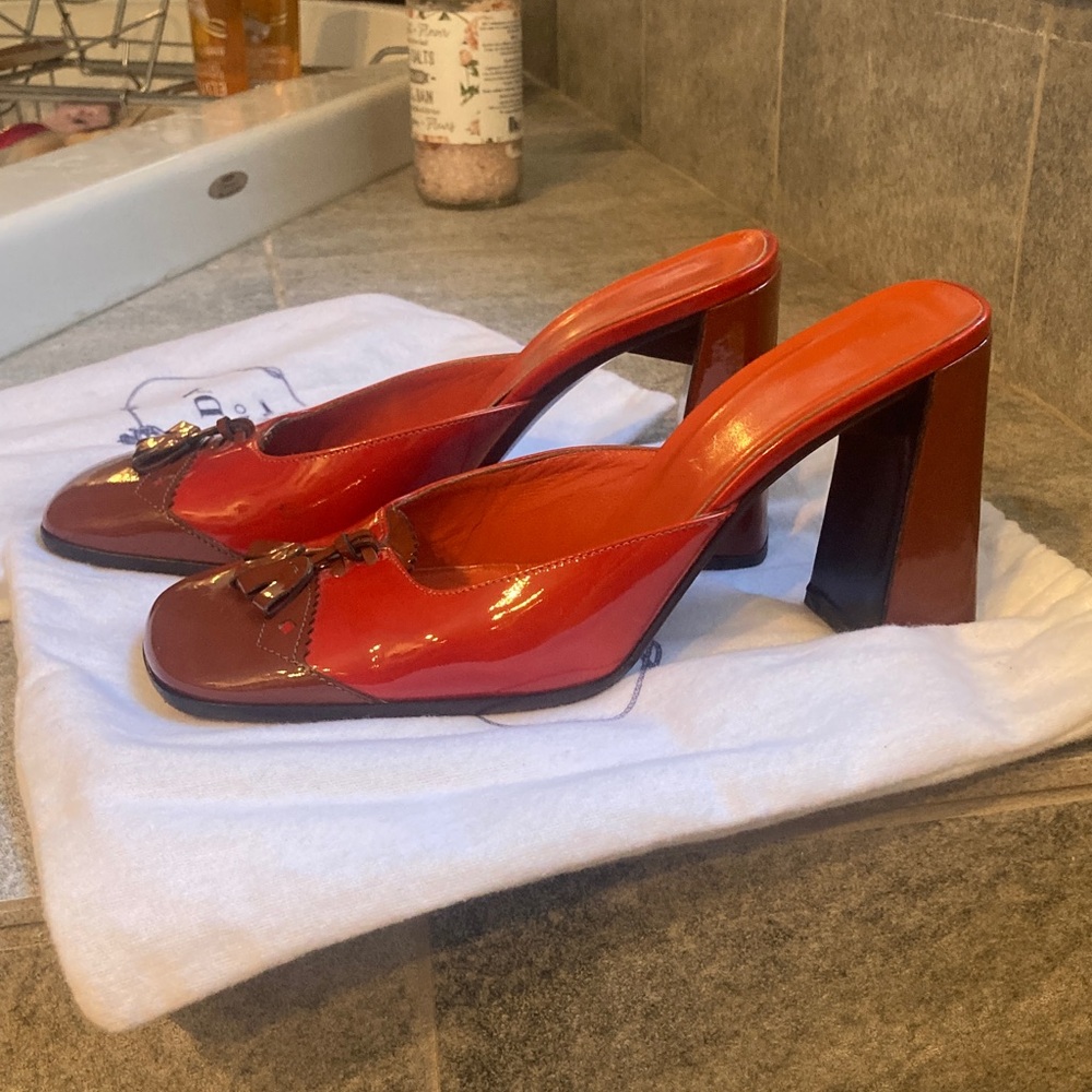 Prada Women's Red and Brown Patent Leather Mules - Picture 2 of 4